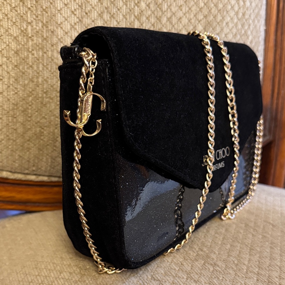 Jimmy Choo Black and Glitter Crossbody with Gold Chain